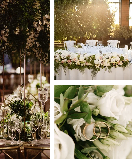 Elegante bruiloft receptietafel versierd met bloemstukken, kaarsen en glaswerk, klaar voor een luxe viering.
